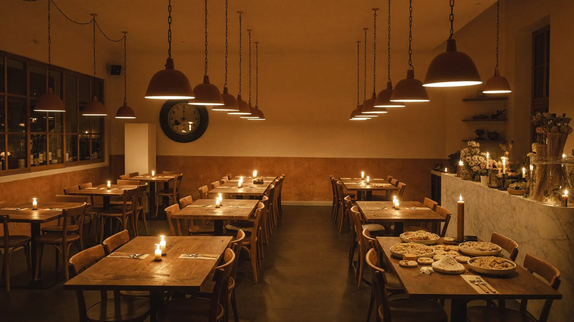 Salão da Cantina do Bosco à luz de velas com mesas de madeira